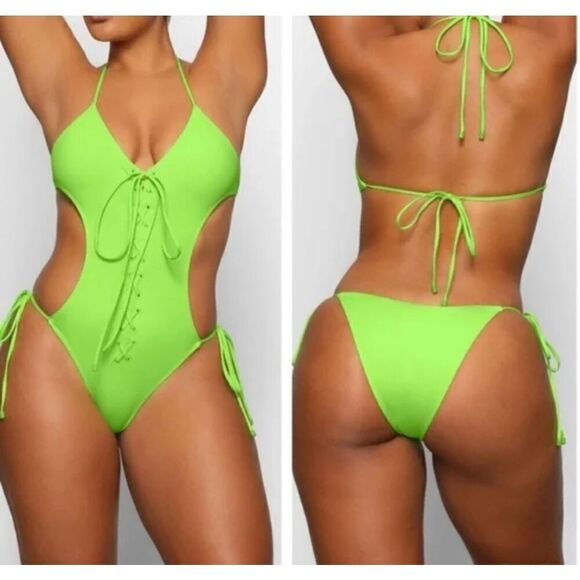 SKIMS Swim Lace Up Monokini Neon Green Sz L - Picture 7 of 7